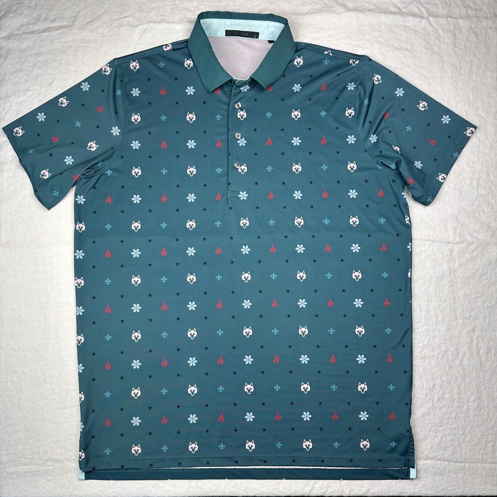 Greyson Polo Shirt Men Large Teal Blue Wolf Print Performance Golf Stretch USA